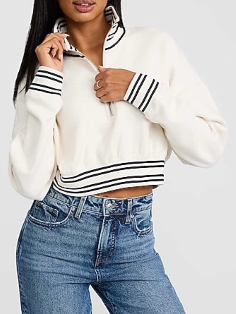 Express Striped Trim Quarter-Zip Cropped Sweatshirt Pullover Black Small NWT